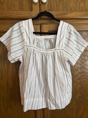 Madewell White Square-Neck Blouse with Navy and Pink Stripes